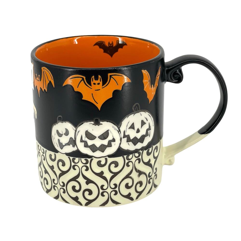 Eli + Ana Halloween Mug Happy Angry Pumpkin Halloween Bats Mug Orange Black